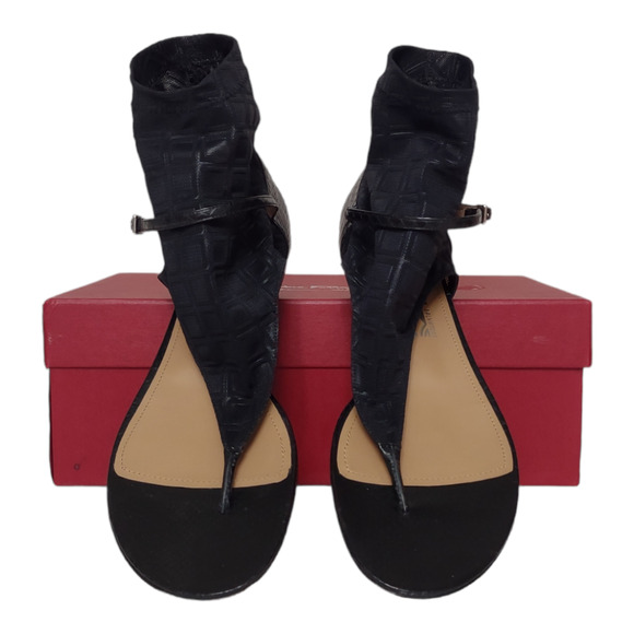 SALVATORE FERRAGAMO Black Flat Sandals Size 9 Animal Skin Ankle Sock Flats NEW - Picture 1 of 5